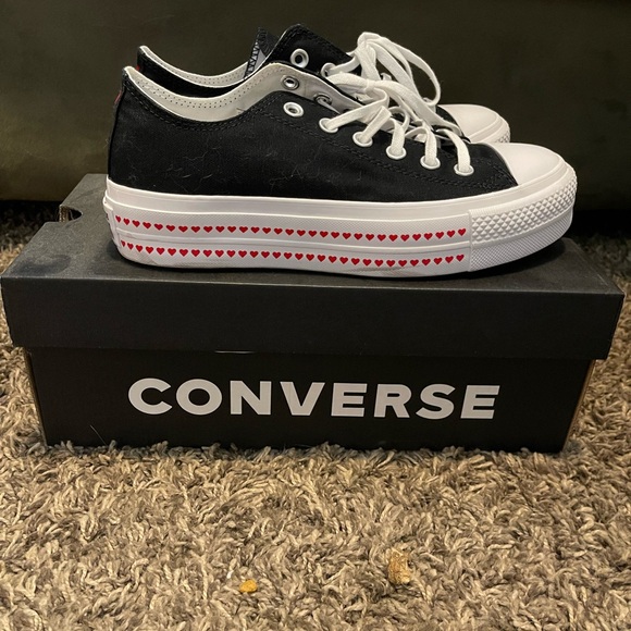 Converse Black Low-Top Platform Sneakers with Red Heart Trim - Picture 2 of 7